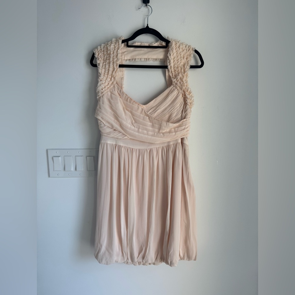 Women’s Bebe Silk Dress With‎ Draped Bubble Skirt Ruffled Neckline Large NEW